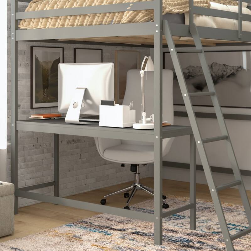Traditional Wood Slat Loft Bed with Integrated Desk & Ladder