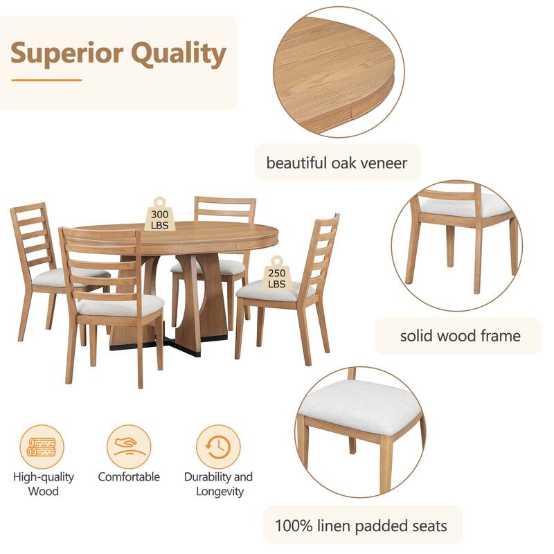 5-Piece Round Extendable Dining Table Set with Removable Leaf, 4 Chair