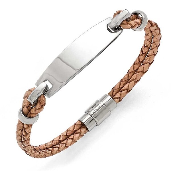 Chisel Stainless Steel Polished ID and Tan Leather Woven Bracelet