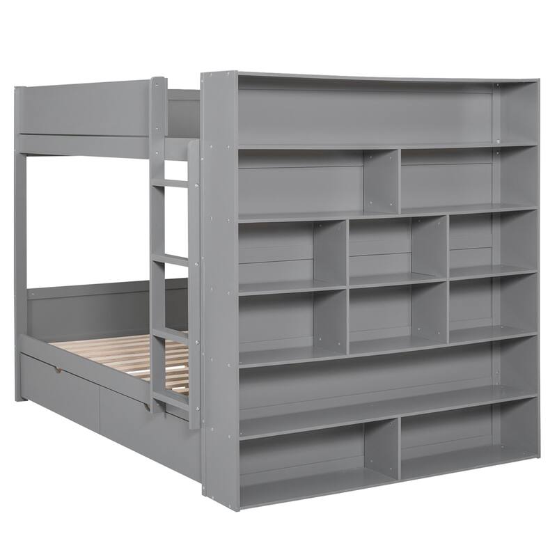 Full Over Full Wood Bunk Bed with 2 Drawers and Multi-layer Cabinet