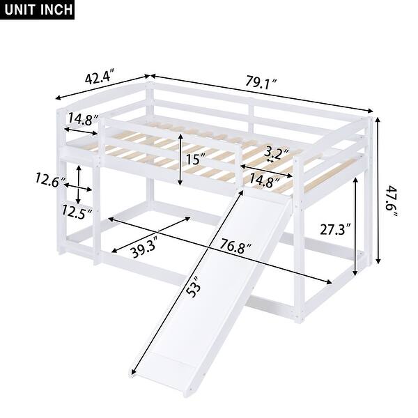 dimension image slide 1 of 2, Pine Wood Twin Bunk Bed, Convertible Slide, Sturdy Ladder, Safe Design