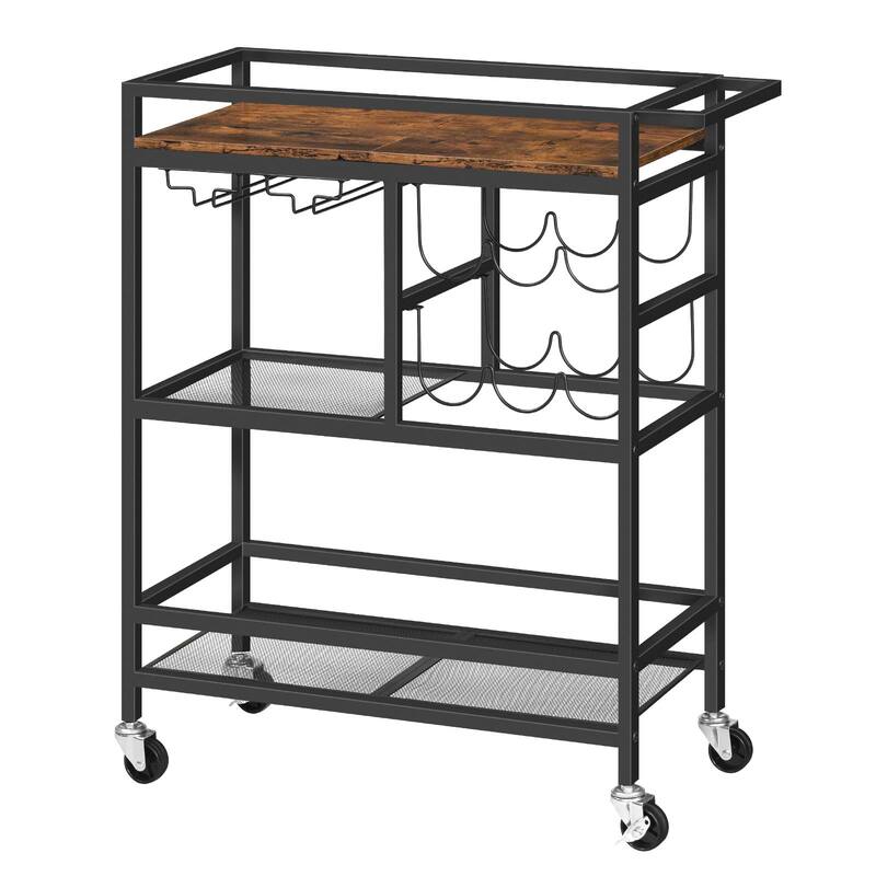 3-Tier Home Bar Serving Cart with Handle, Wine Rack, and Glass Holders - Rustic Brown