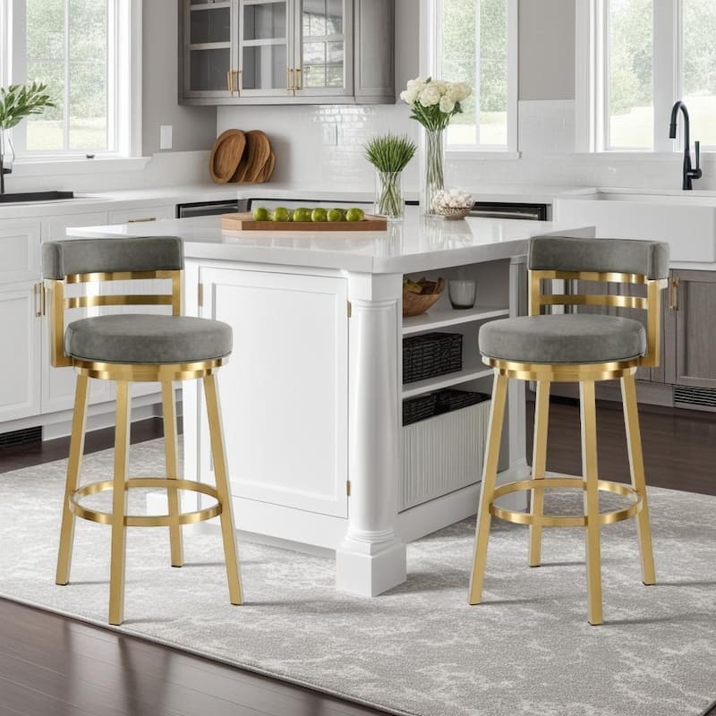 Madrid Modern Swivel Bar Stool, Upholstered Counter Height Chair with Metal Frame - Gray & Gold - Counter Height
