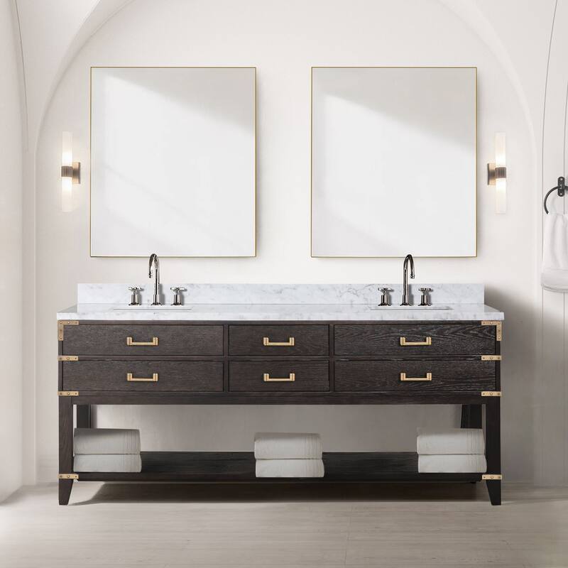 Lexora Norwalk Bath Vanity, Carrara Marble Top, Faucet Set, and Mirror
