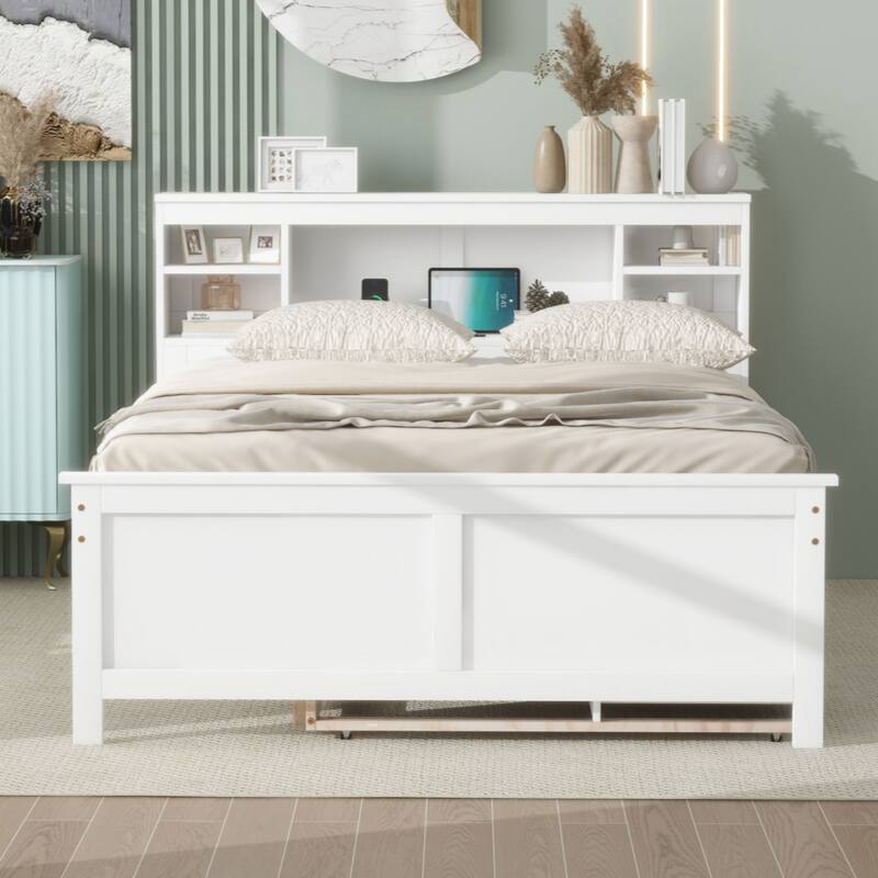 Full Size Platform Bed with Storage Headboard, USB, Twin Size Trundle and 3 Drawers