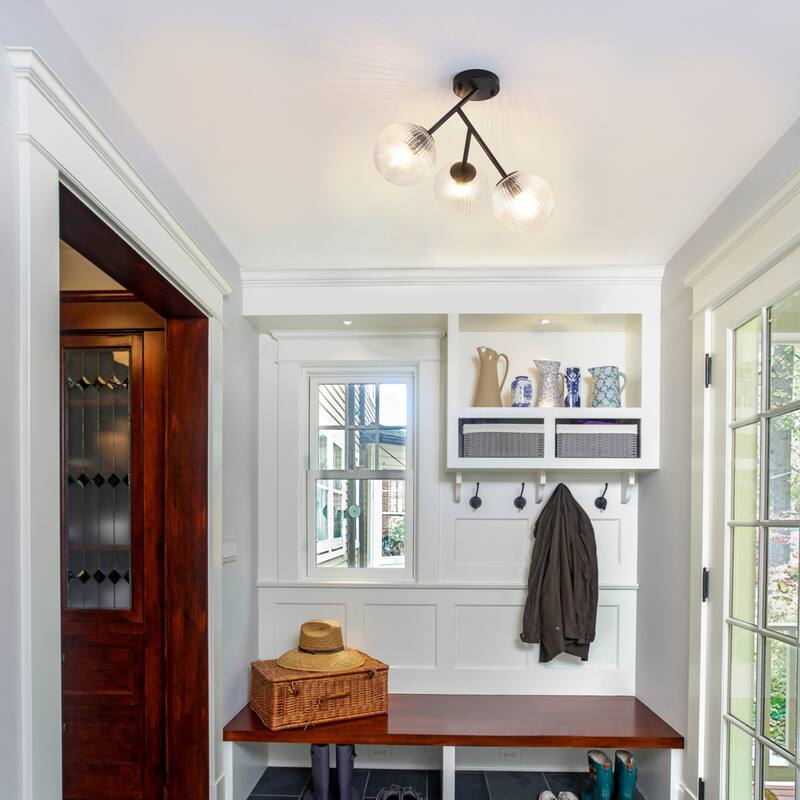 Modern 3-Light Semi-Flush Mount Light with Ribbed Glass Shades