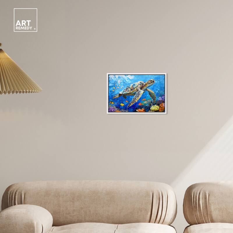 Art Remedy Turtle Swimming Framed Colorful Coastal 1 Piece Canvas Wall Art
