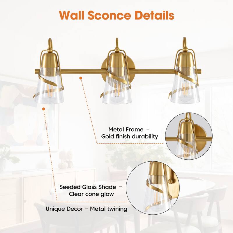 Parrot Uncle 24" Modern Gold 3-Light Seeded Glass Vanity Light Wall Sconce