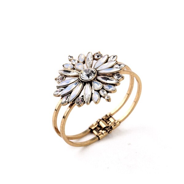 Gold Star Burst Crystal Flower Cuff Bracelet