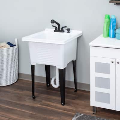 TEHILA Glossy White Utility Sink Laundry Tub with Pull-Out Faucet and Soap Dispenser