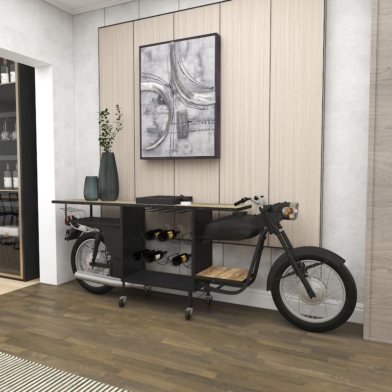 Black Metal Handmade One-of-a-Kind Reclaimed Motorcycle Bar with Light Up Headlights and Taillights - 105 x 18 x 38