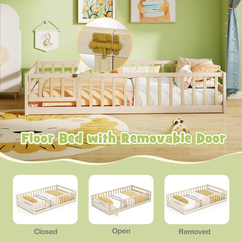 Costway Twin Size Floor Bed with Door & Fence with Safety Guardrails &