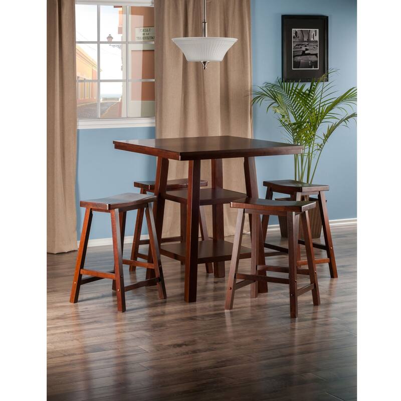 5 Orlo Solid Wood 2 Shelves High Table with 4 Saddle Seat Stools 36"