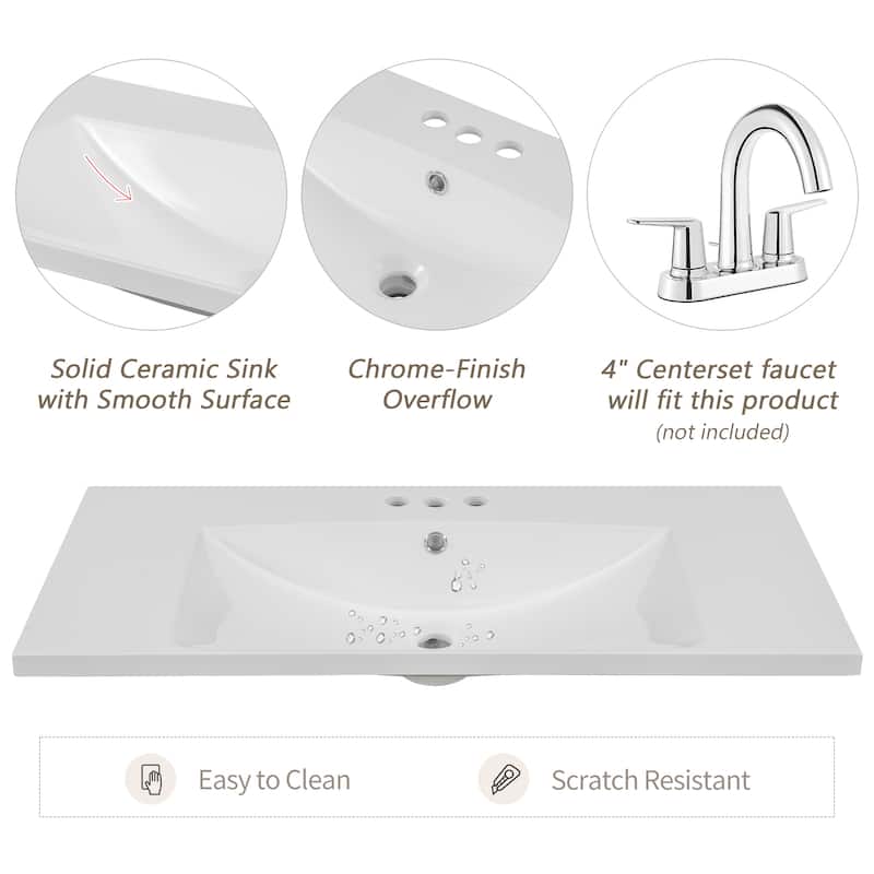 36" Freestanding Bathroom Vanity with Smooth Ceramic Sink, Cabinet & Drawers, MDF Construction