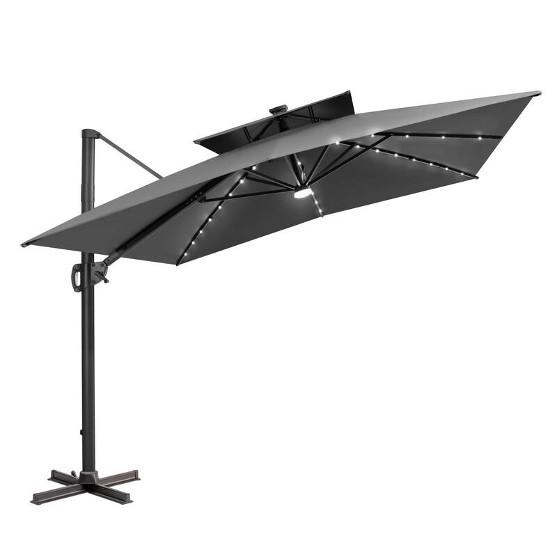 12 x 9 FT Outdoor Patio Cantilever Umbrella with Solar Lights Double Canopy 360 Rotation Tilt