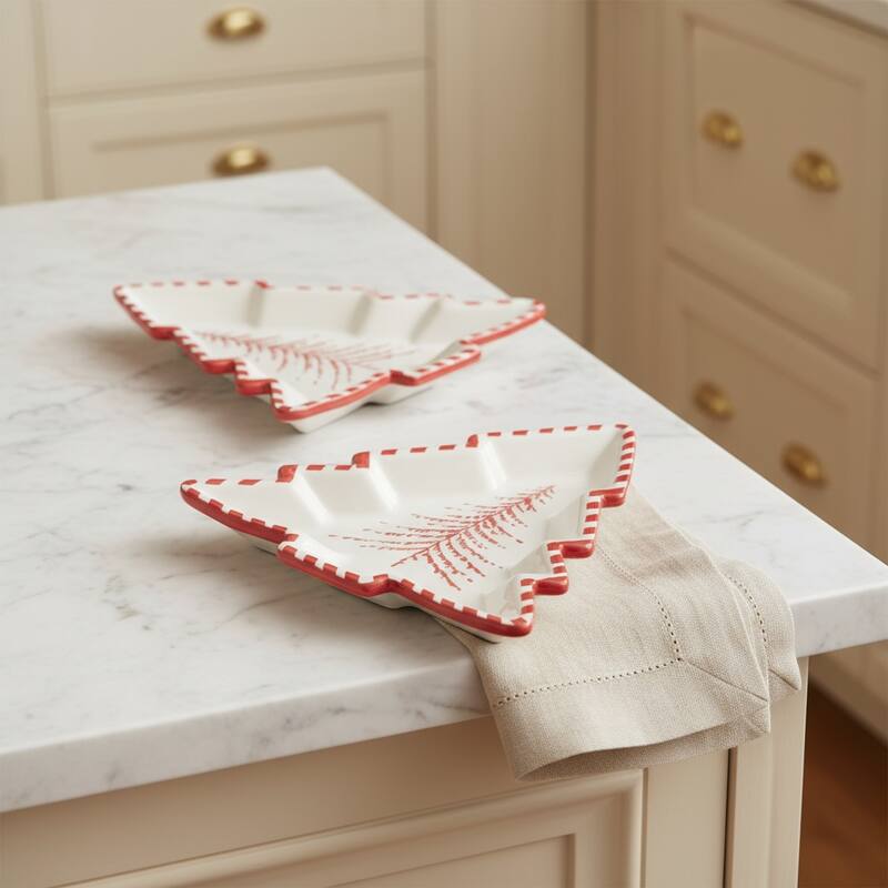 HomeRoots Set of Two Red And White Ceramic Tree Shaped Christmas Serving Trays - 10.75 in. x 1.25 in. x 11.75 in. - White/Red - 10.75 in. x 1.25 in.  x 11.75 in.