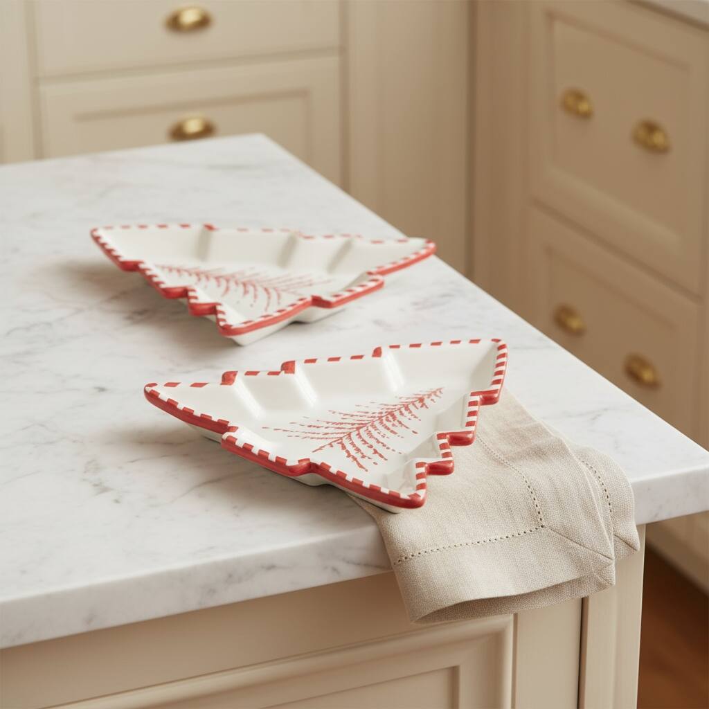 HomeRoots Set of Two Red And White Ceramic Tree Shaped Christmas Serving Trays - 10.75 in. x 1.25 in. x 11.75 in.