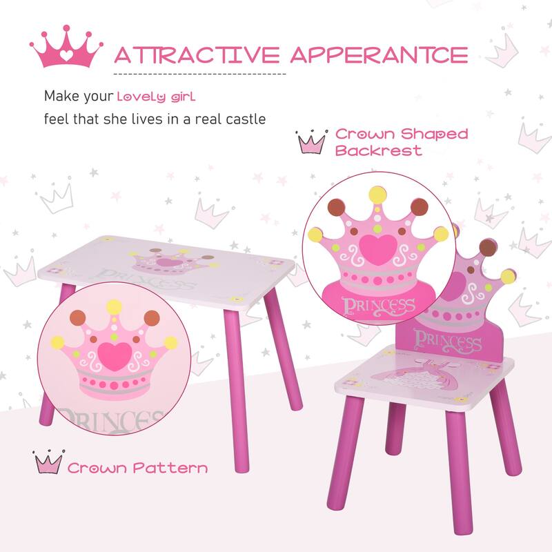Pink Wooden Kids Table and Chair Set 3 Piece Crown Design Playroom Furniture for Toddlers - 21.75" x 13.5" x 16.5"