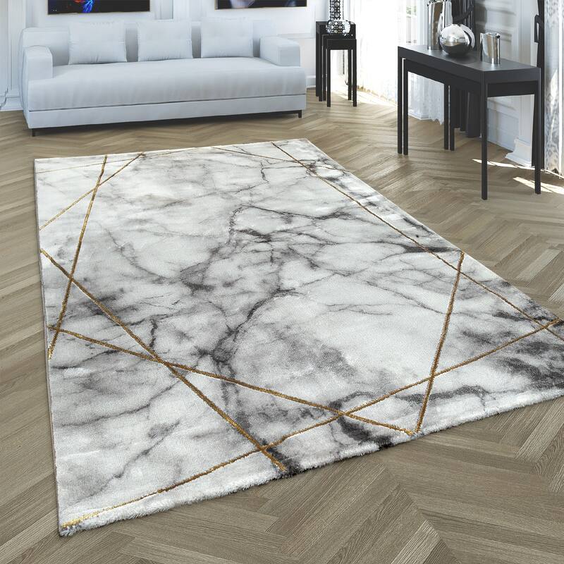Marble Patten Area Rug in Gold Cream for Living Room with Contour Cut - 3'11" x 5'7"
