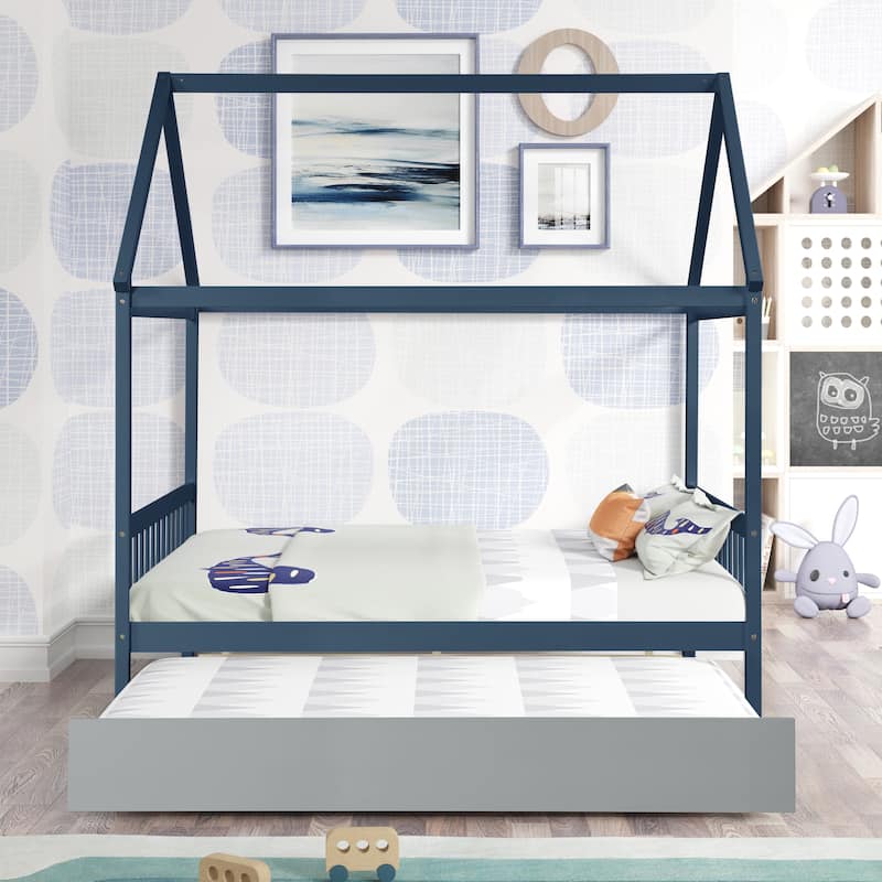 Blue Full Size Wood House Bed with Trundle, Roof, and Fence