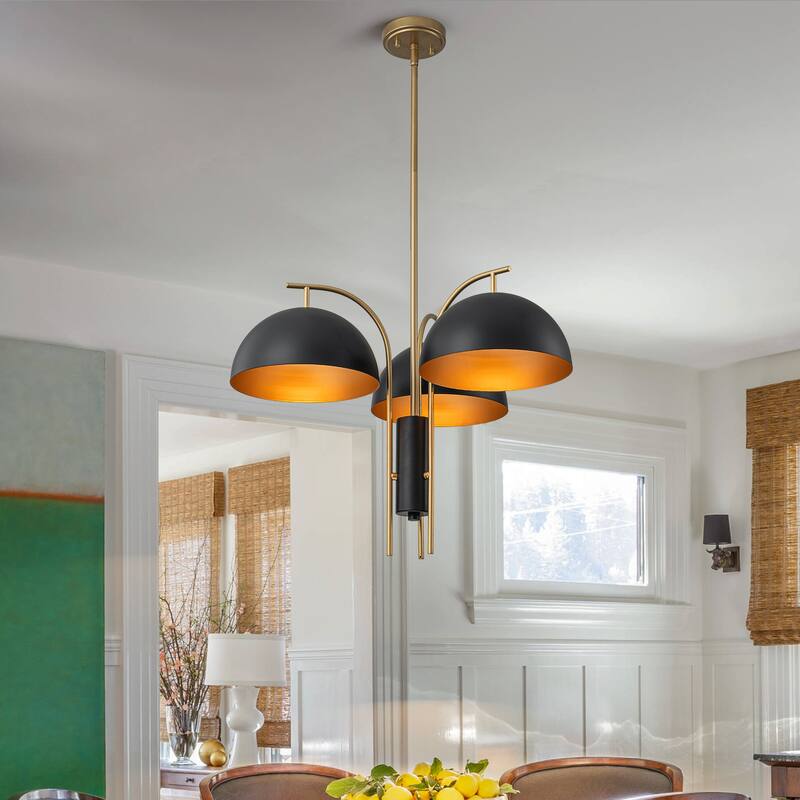 Modern Black and Gold Dome 3-Light Pendant Chandelier - W24.02"