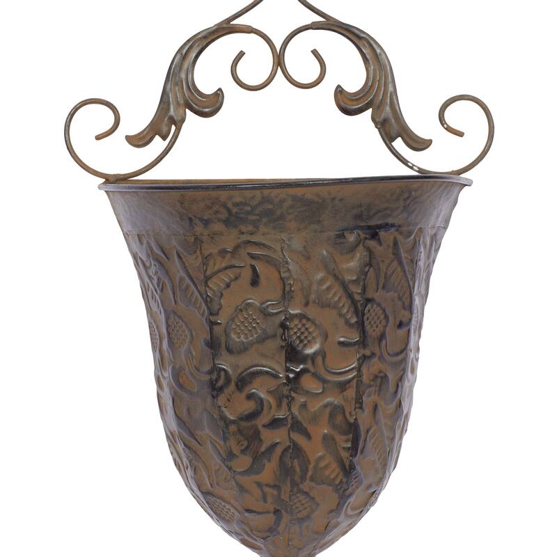 Brown Metal Indoor Outdoor Hanging Vintage Scroll Indoor Outdoor Wall Planter with Vine Accents (Set of 2)