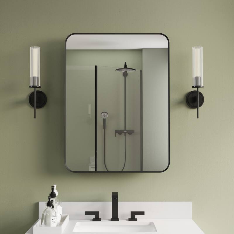 Recessed or Surface Wall Mount Bathroom Mirror Medicine Cabinet With Adjustable Glass Shelves - 24''W X 32''H
