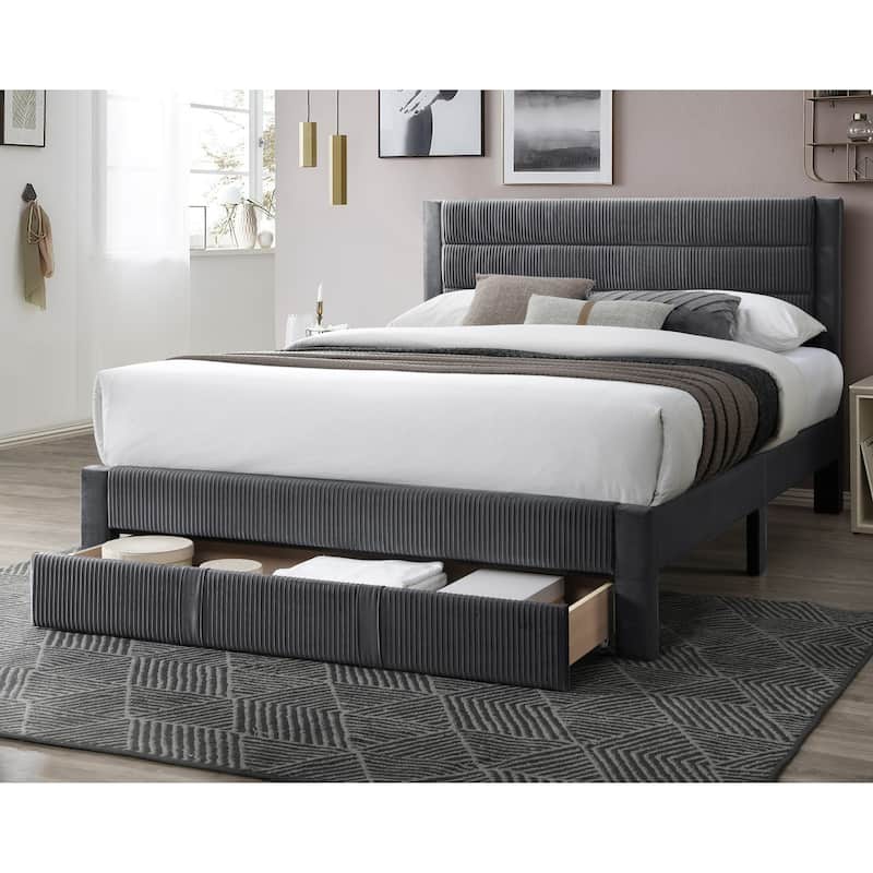 Queen Size Corduroy Platform Bed with Storage Drawer and Channel-Tufted Headboard and Contemporary Design