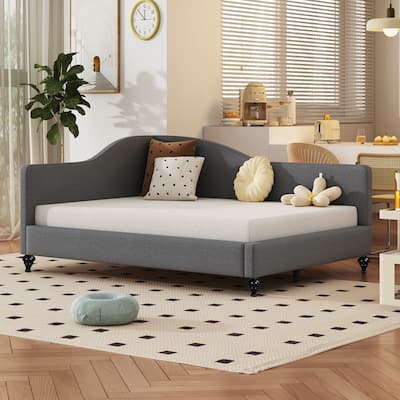 Full Size L-Shaped Linen Daybed, with Solid Wood Legs