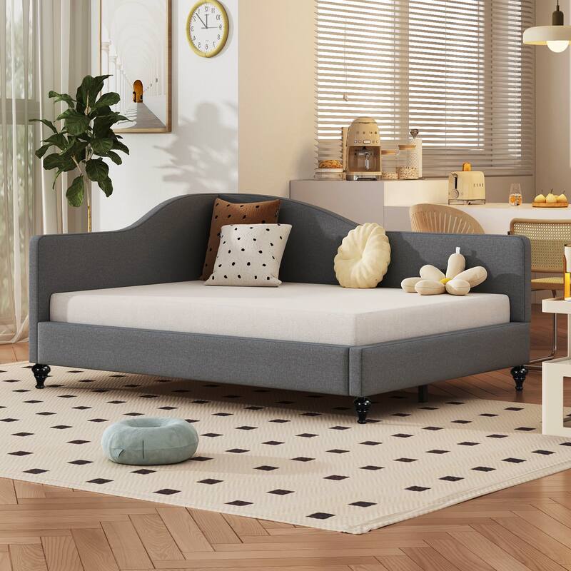 Twin/Full Size Upholstered Daybed, Linen Fabric Sofa Bed with Solid Wood Legs and L Shaped Backrest, Solid Wood Bedframe