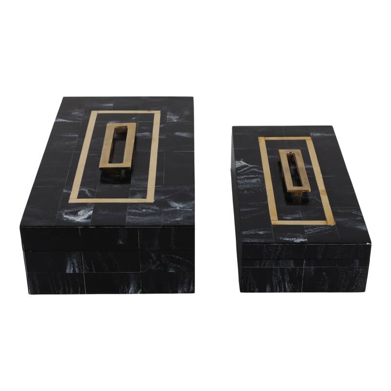 Resin Wood Decorative Storage Boxes (Set of 2) - 5" & 4" Black, Gold - 14" x 8" x 4.5"