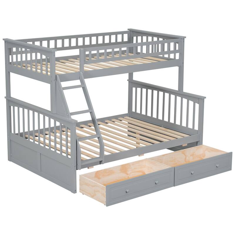Wooden Storage Bunk Bed Frame with Fence-shaped Guardrails and Pull-out Drawers, Convertible 2 Platform Beds, Detachable Design