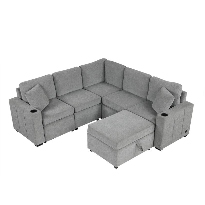 Convertible Sectional Sofa with Pull-out Sofa Bed and Dual Cup Holders