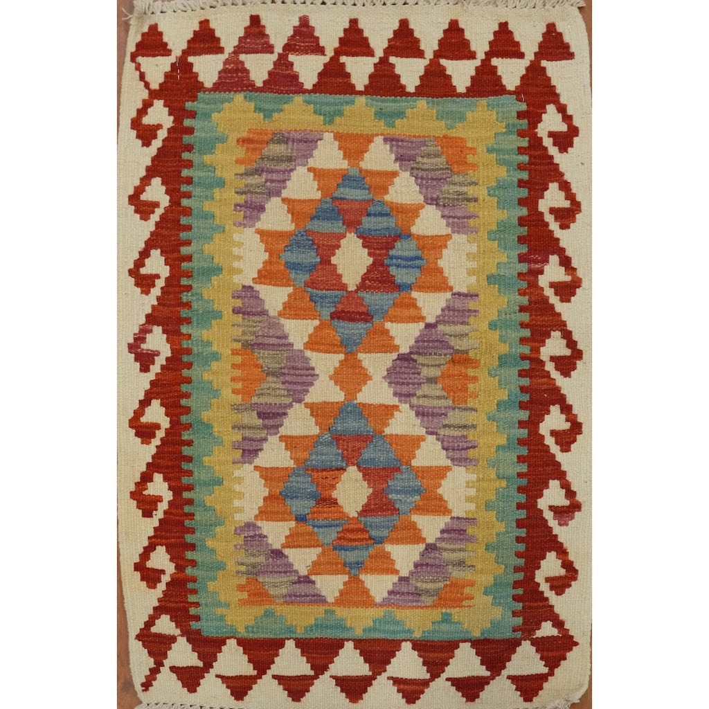 Hand Woven Oriental 100% Wool Carpet Southwestern Tribal Multi-Colored Kilim Area Rug - 3' 0'' X 2' 0''