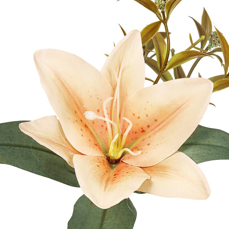 Set of 4 Champagne Peach Artificial Stargazer Lily Flower Stem Bush Bouquet 13in - 13" L x 8" W x 8" DP