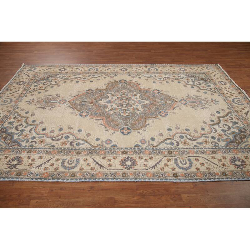 Hand Knotted Oriental 100% Wool Carpet Traditional Medallion Beige & Ivories Tabriz Area Rug - 9' 5'' X 6' 5''