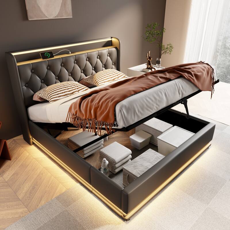 Upholstered Bed with LED Function and USB Charging