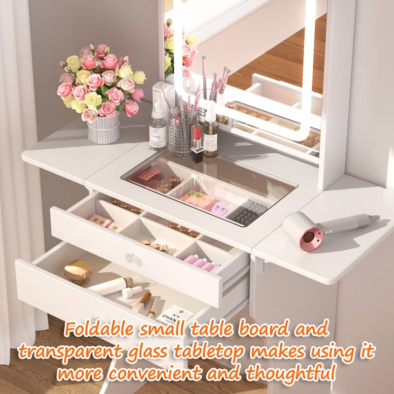 Vanity Set for Small Bedrooms - Small Space Makeup Vanity with Stool, Compartmentalized Drawers & 20cm Foldable Side Tables