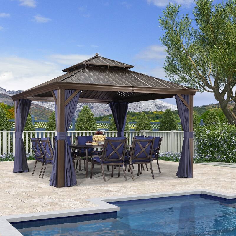 PURPLE LEAF Hardtop Aluminum Gazebo with Curtains and Netting, Double Roof Patio Gazebo - 12' x 12' - Navy Blue