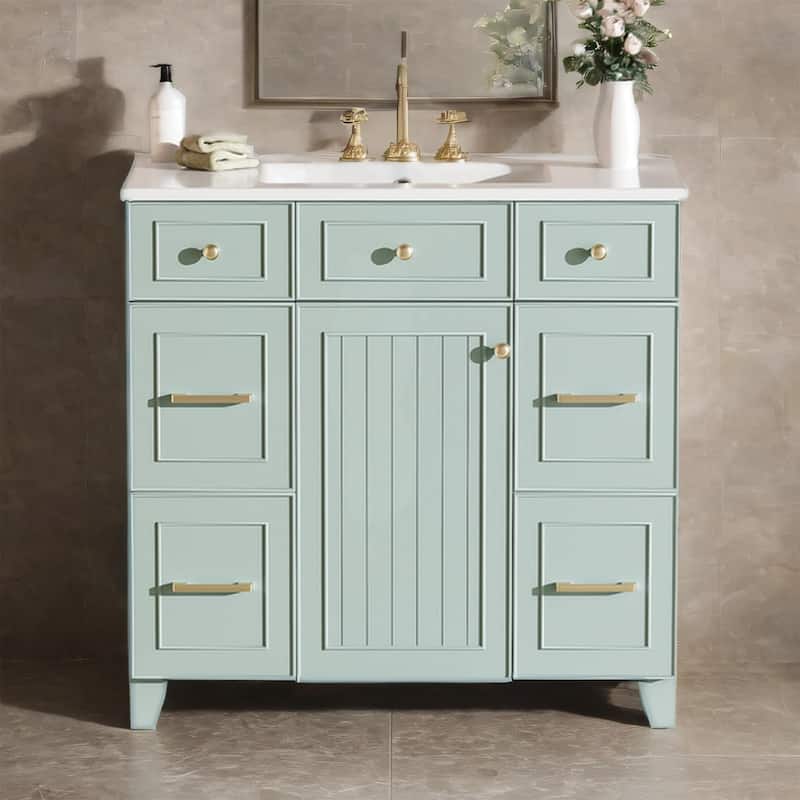36" Bathroom Vanity w/ Ceramic Sink, Soft-Close Doors, 2 Drawers,Shelf