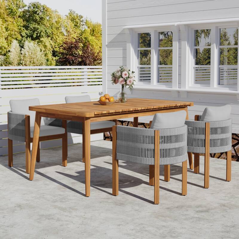 Roomfitters 5-Piece Outdoor Dining Set, Acacia Wood Patio Table and 4 Rope Woven Armchairs with Cushions - Gray,Teak