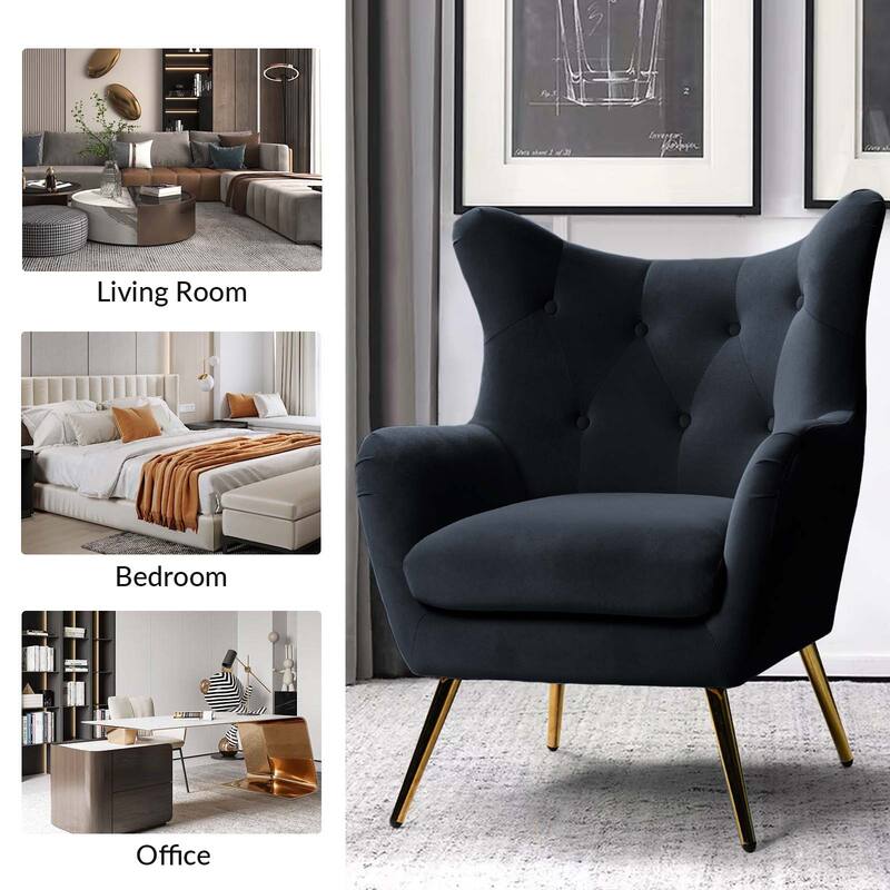 Eusebio Tufted Velvet Accent Chair with Wingback, Arms, and Metal Gold Legs for Living Room or Bedroom by HULALA HOME