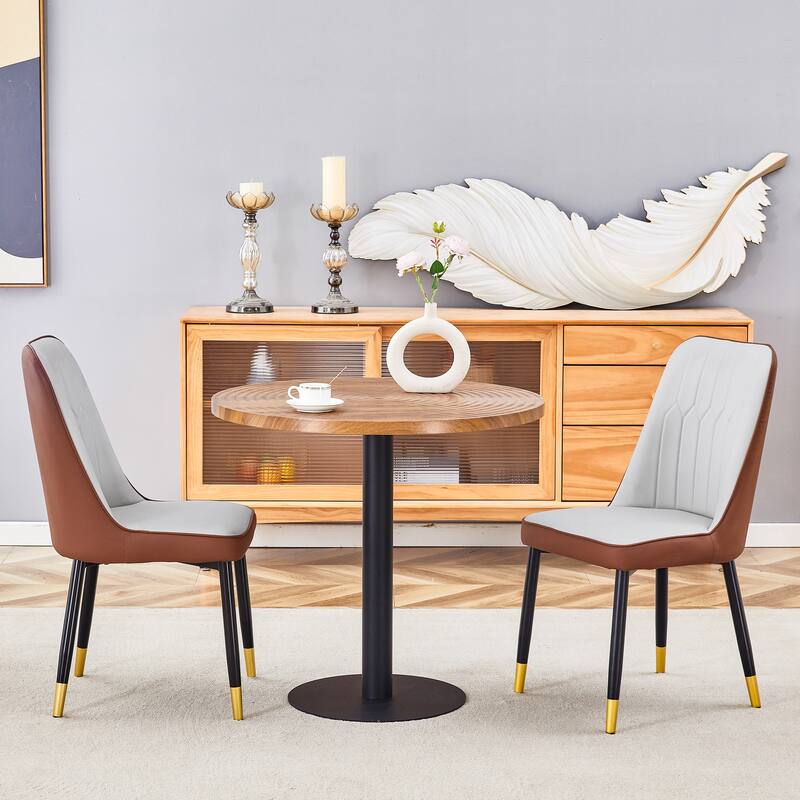 31.5 Inch Circular Dining Table with 4 Spliced Upholstered Chairs - Brown Black Light Gray