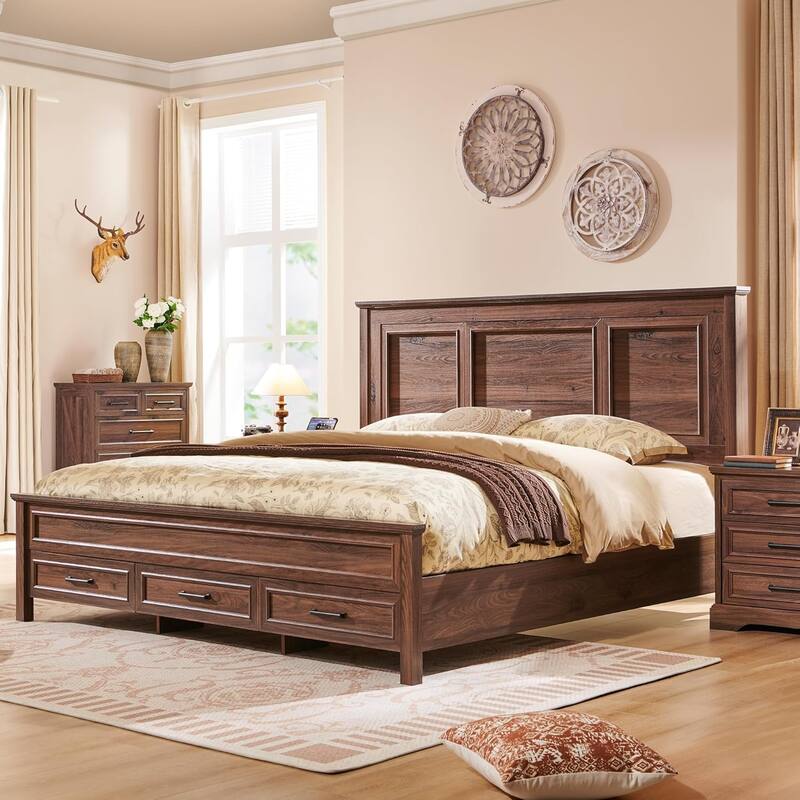 Farmhouse Queen Wood Bed Frame with 52" Tall Headboard & Footboard - Brown
