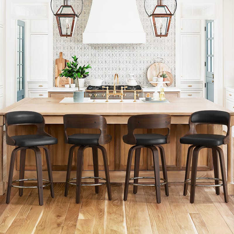 26.in Modern Set of 4 Leather Bar Stool Swivel Upholstered Hollow Back Counter Height Barstool with Wood Frame - Black