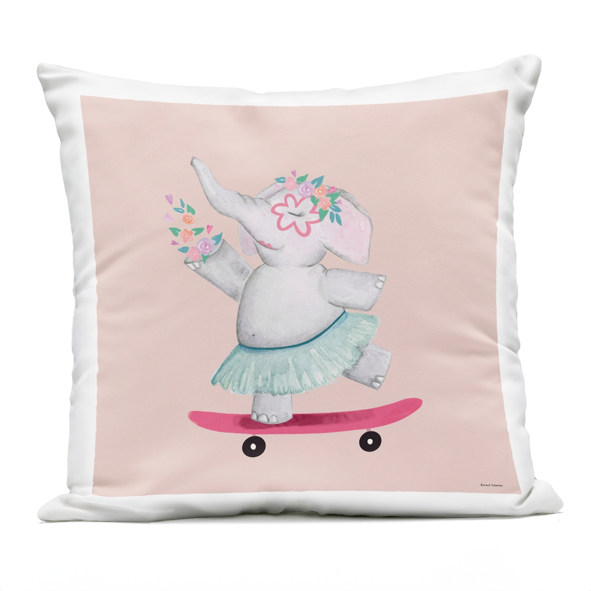 Stupell Skateboarding Elephant with Flowers Printed Outdoor Throw Pillow Design by Rachel Nieman