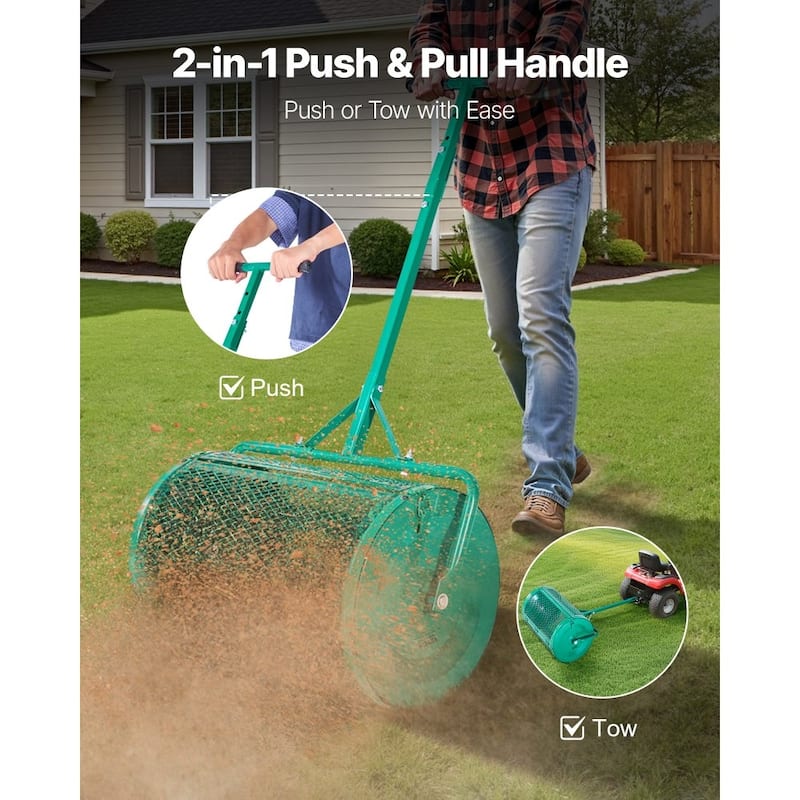 Green Steel Adjustable Lawn Compost Spreader with Push and Tow Handle - 23.6 L x 15.7 W x 43.3-49.2 H in.