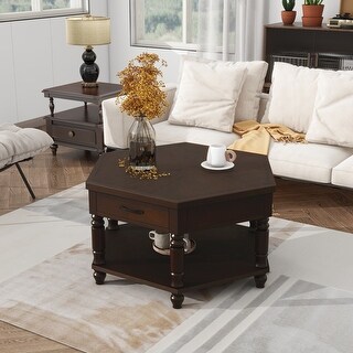 2 Tier Retro Solid Wood Coffee Table with Drawers and Storage Shelf ...
