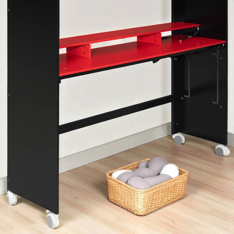 Full Size Wooden Bunk Bed with Adjustable Desk, Wardrobe Storage, USB & RGB Gaming Lights
