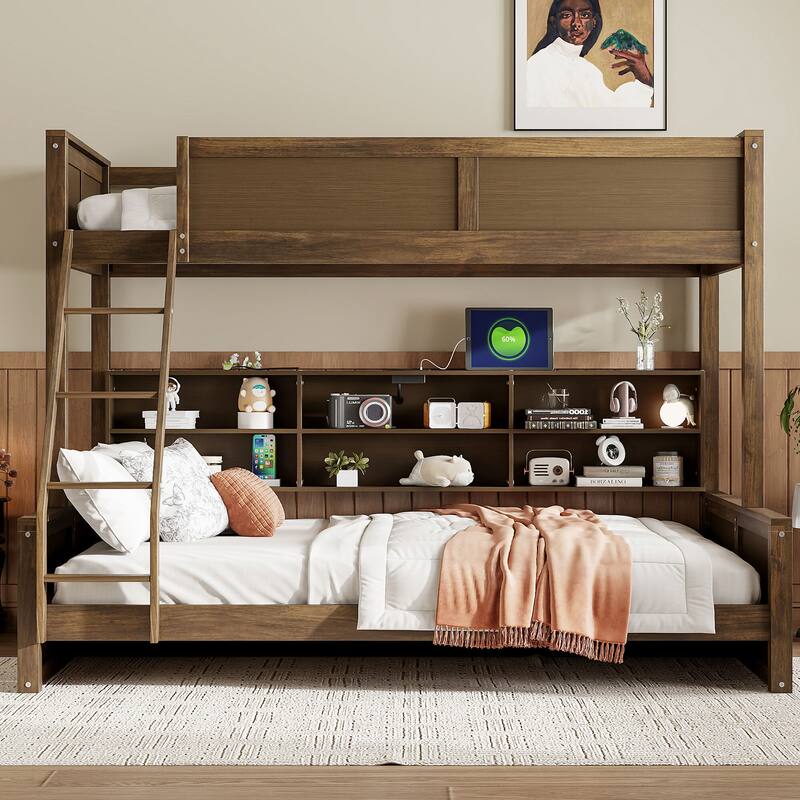 Twin&Full XL over Queen Bunk Bed with Storage Cabinets and USB Ports - Wood